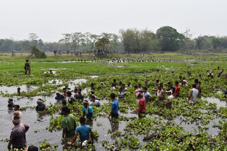  সাতামপুৰুষীয়া পৰম্পৰাক সাৰোগত কৰি দীঘলী বিলত মাছ ধৰিলে কেইবাখনো গাঁৱৰ ৰাইজে। 