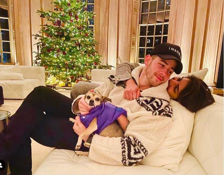  প্ৰিয়ংকা চোপ্ৰা আৰু নিক জোনাছ তেওঁলোকৰ পোহনীয়া কুকুৰটোৰ সৈতে ঘৰত এক মৰমলগা মুহূৰ্তত। (Image: Instagram)