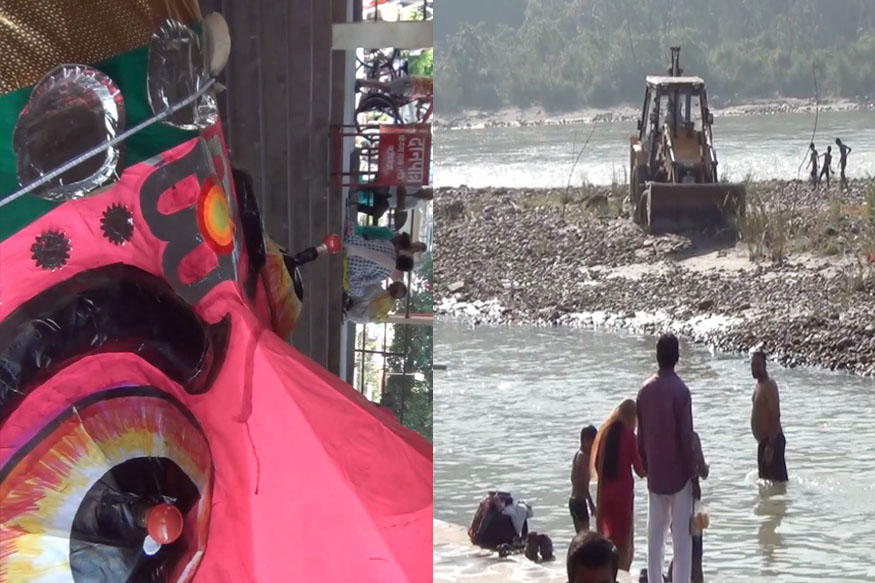 त्रिवेणी घाट (Triveni Ghat) पर गंगा का पानी रावण के पुतले को खड़े होने में अड़चन डाल रहा है.
