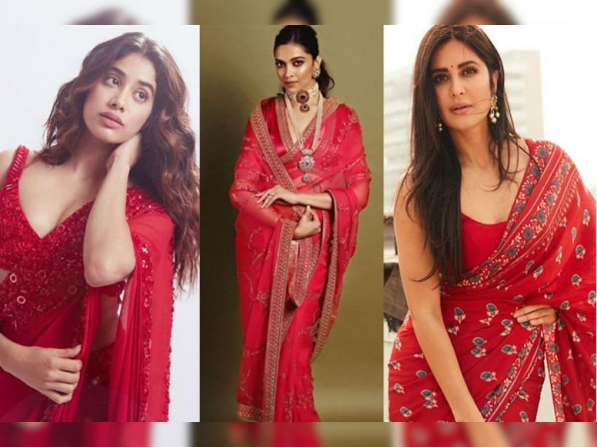 janhvi kapoor deepika padukone kriti sanon and katrina kaif red saree  fashion and style bgys | जाह्नवी कपूर के अलावा इन बॉलीवुड एक्ट्रेस ने भी  बिखरे लाल साड़ी में जलवे, देखें ये