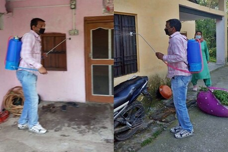 बजूरी पंचायत को सेनेटाइज करते प्रधान.