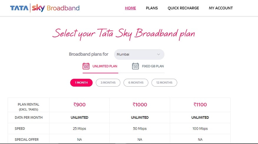 tata Sky broadband plan