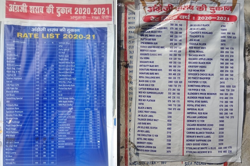 wine shop rate list, देहरादून के रिंग रोड और शास्त्री नगर में शराब की दुकानों के बाहर लगी रेट लिस्ट में एक ही ब्रांड के दामों में फ़र्क है.
