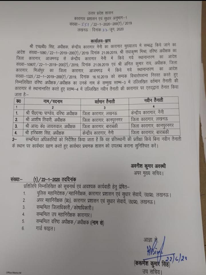 चार वरिष्ठ जेल अधीक्षकों का तबादला