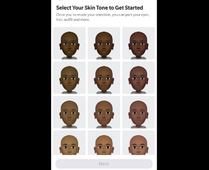 Scroll down and go to 'See More' option.  Here you will get the option of 'Avatar', tap on it.  Now go to Next by selecting Skin Tone.