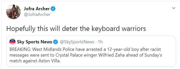 jofra archer, england vs west indies, cricket, sports news, Wilfried Zaha, racist messages , जोफ्रा आर्चर, विल्फ्रेड जाहा, क्रिकेट, फुटबॉल, स्पोर्ट्स न्यूज