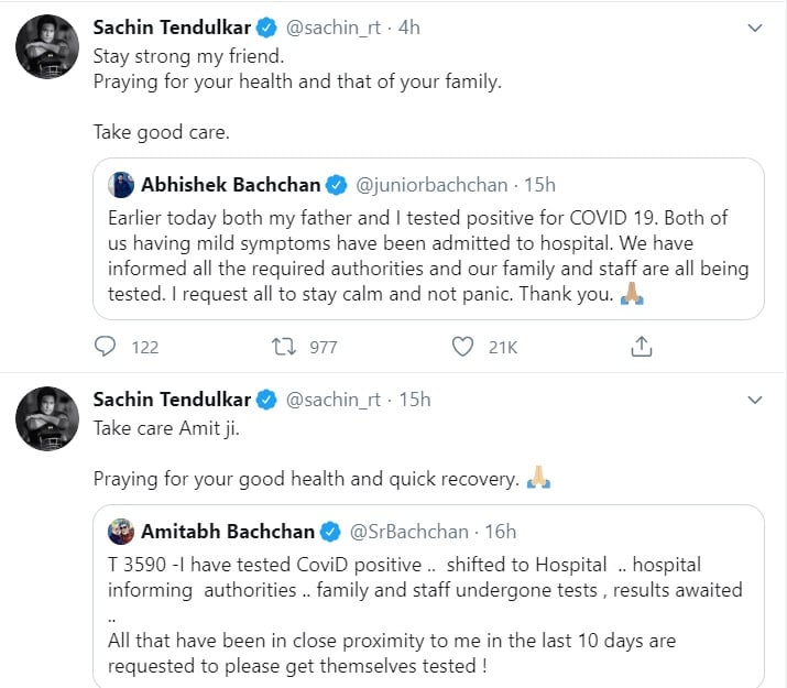 <blockquote class="twitter-tweet"><p lang="en" dir="ltr">Art transcends boundaries! My best to Mr Amitabh Bachchan for a speedy recovery. He’s kind of always remained close to the Raja family primarily for the iconic dialogue in the film Namak Halal <a href="https://t.co/Ckpihg4nPB">https://t.co/Ckpihg4nPB</a></p>— Ramiz Raja (@iramizraja) <a href="https://twitter.com/iramizraja/status/1282074796130525185?ref_src=twsrc%5Etfw">July 11, 2020</a></blockquote> <script async src="https://platform.twitter.com/widgets.js" charset="utf-8"></script>