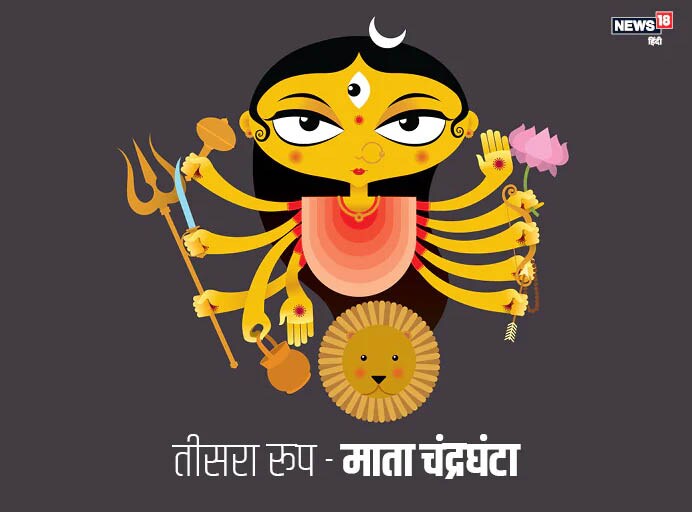 मां दुर्गा की तीसरी शक्ति मां चंद्रघंटा हैं. उनके इस स्वरूप का ध्यान हमें अपनी दुर्बलताओं से साहसपूर्वक लड़ते हुए उन पर विजय प्राप्त करने की शिक्षा देता है. मां का यह स्वरूप दस भुजाओं वाला है, जिनसे वे असुरों से युद्ध करने जाने के लिए उद्यत हैं. वे हमें दस इंद्रियों को नियंत्रण में रखते हुए ध्येय की प्राप्ति में लगे रहने की शिक्षा प्रदान करती हैं.