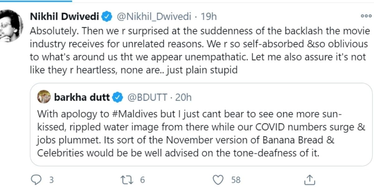 nikhil dwivedi, bollywood celebrities, maldives, maldives vacation, covid 19 pandemic, surge in cases, unemployment in india, nikhil dwivedi twitter, bollywood stars in maldives, nikhil dwivedi news, निखिल द्विवेदी, कोरोना वायरस, news18 hindi