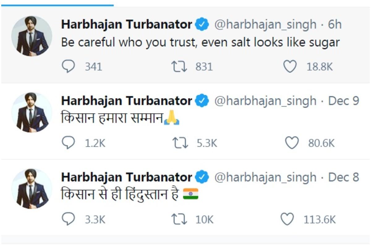 हरभजन सिंह किसान आंदोलन के पक्ष में 3 दिन में 3 ट्वीट कर चुके हैं. 
