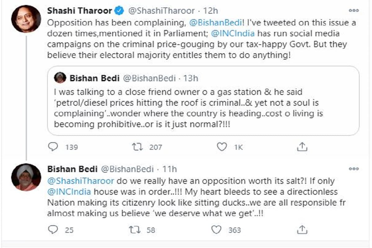 Congress, Shashi Tharoor, Bishan Singh Bedi, Petrol Diesel Price, Twitter
