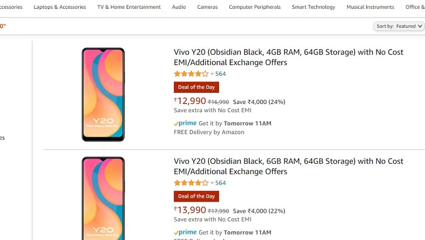 Vivo Y20 पर बड़ा ऑफर Amazon की Deal of the Day के तहत दिया जा रहा है.