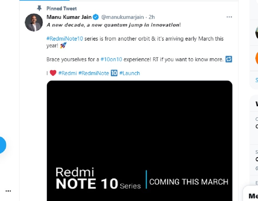शियोमी ने कंफर्म किया है कि Redmi note 10 सीरीज़ को भारत में मार्च में लॉन्च किया जाएगा.