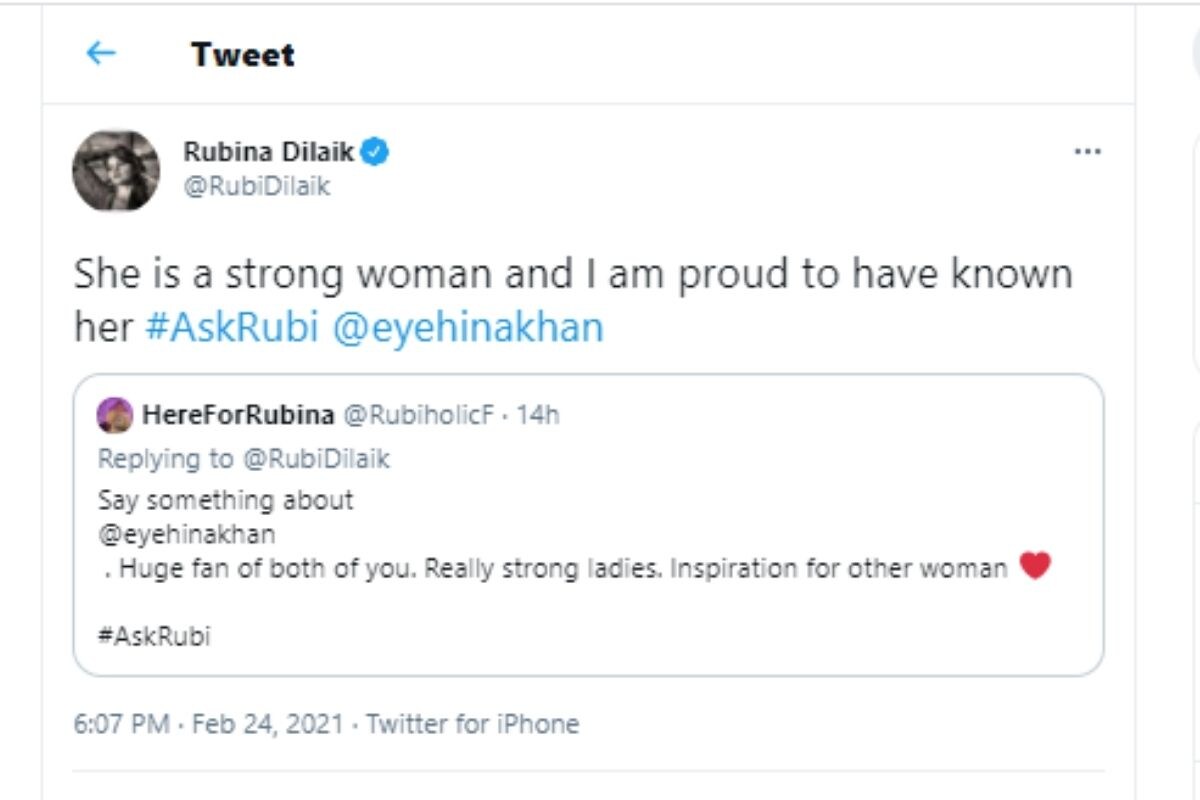 Bigg Boss 14, Bigg Boss, Rubina Dilaik, Jasmin Bhasin, Rubina calls Jasmin beautiful lady, twitter, AskRubi, News18, Bigg Boss 14 winner Rubina Dilaik, Network 18, बिग बॉस, सोशल मीडिया