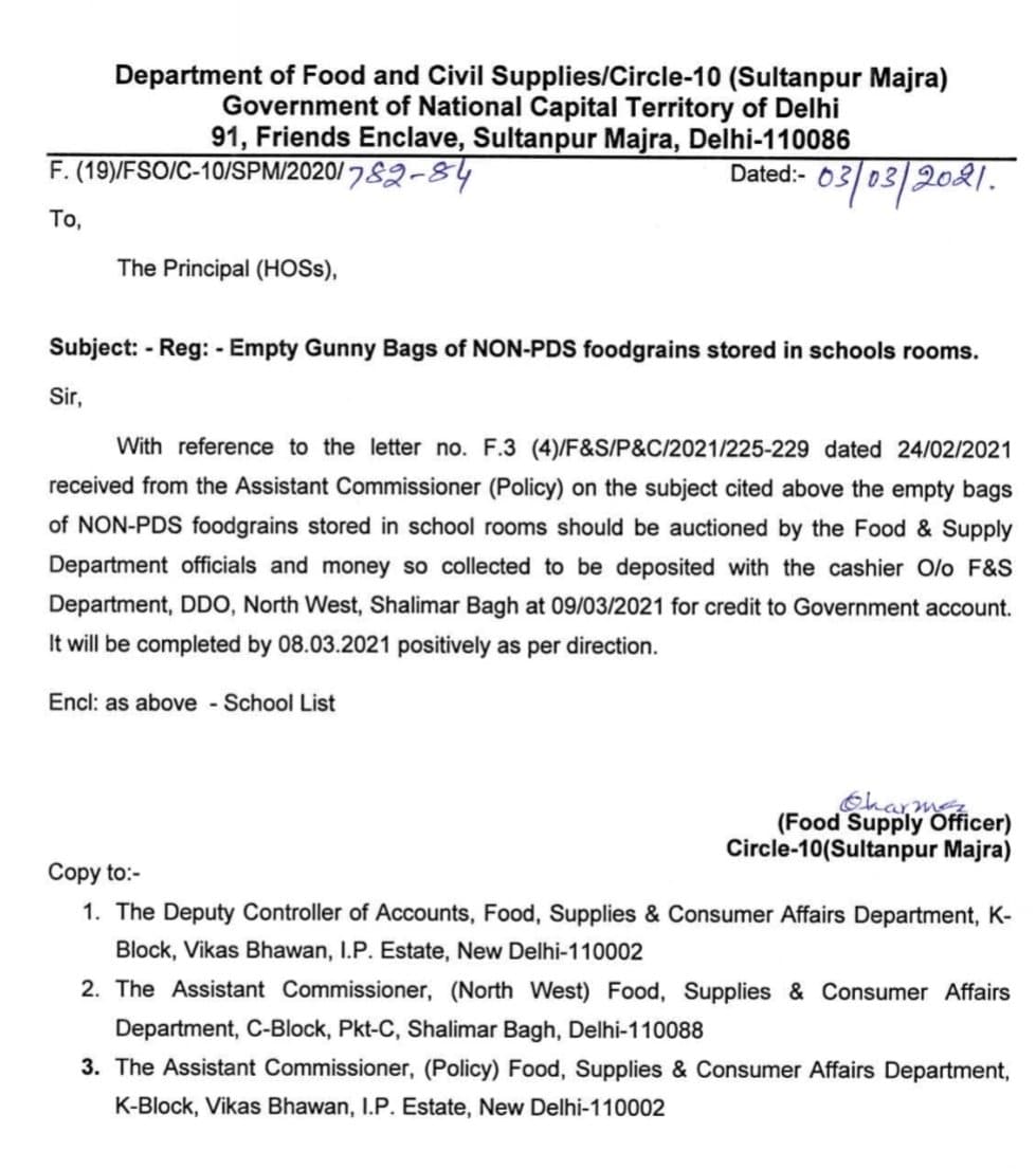 Delhi Government Food & Supply offices issued such letters to Concerned Schools principals for empty gunny bags of food grains.