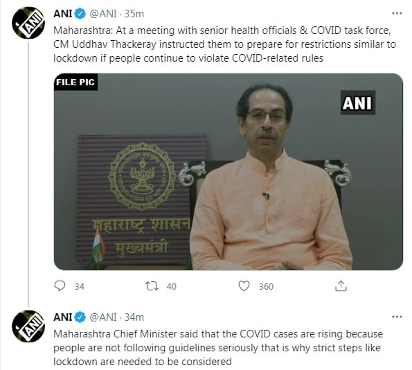 Maharashtra CM Uddhav Thackeray ANI Tweet