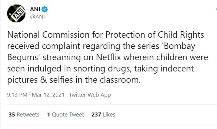 Netflix, National Commission for Protection of Child Rights, Bombay Begums 