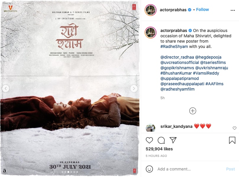 राधे श्याम, अभिनेता प्रभास, महा शिवरात्रि, राधे श्याम, राधे श्याम हिंदी पोस्टर