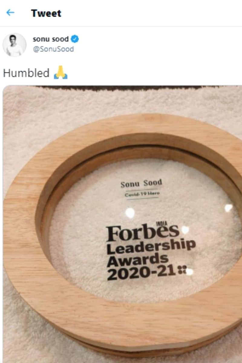 Sonu Sood, Forbes India, Covid 19 leadership award 2021, Forbes India honoured sonu sood, Sonu Sood Tweet, Social Media, Viral Tweet, सोनू सूद, सोनू सूद ट्वीट