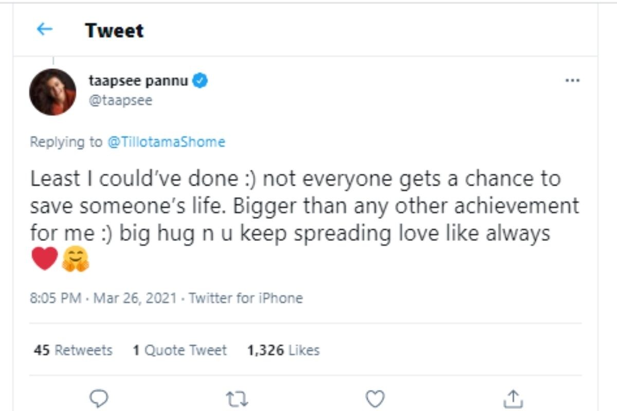 Taapsee Pannu donates platelets, Taapsee Pannu, tillotama shome, social Media, Viral News, Viral Tweet, Taapsee Pannu News, तापसी पन्नू, बॉलीवुड