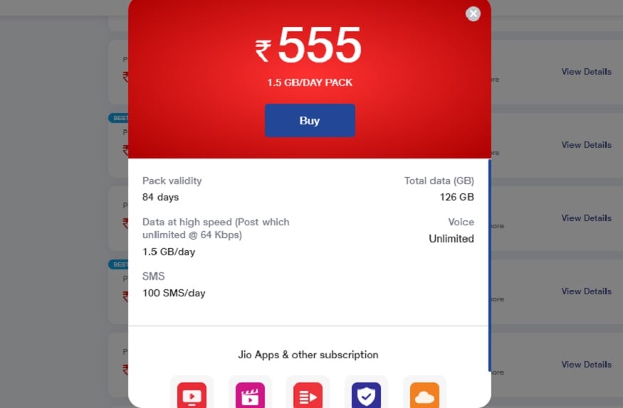 Jio का 555 रुपये का प्लान.