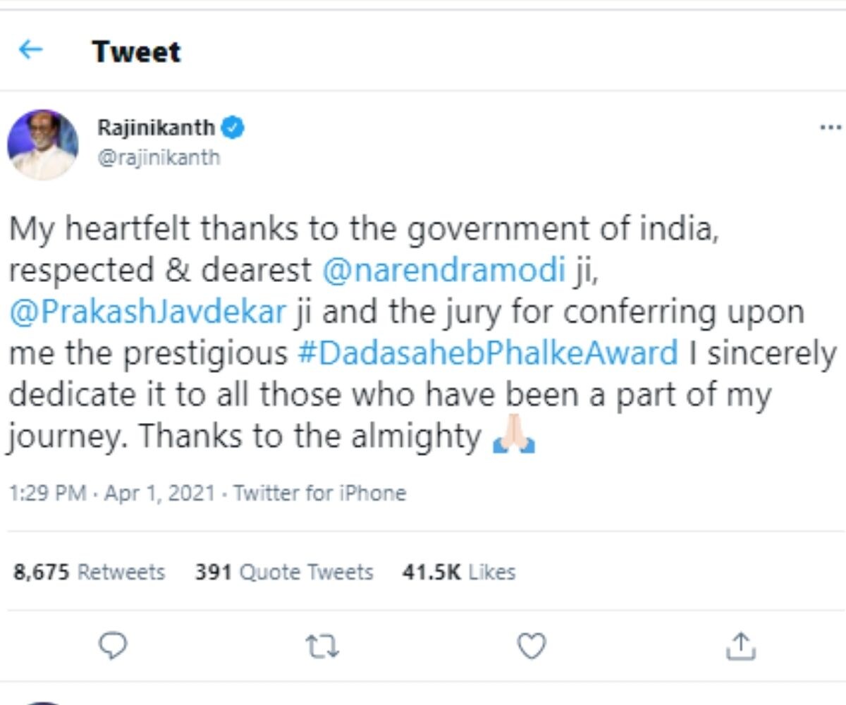 Dadasaheb Phalke Award 2021, Rajinikanth, PM Modi congratulated Rajinikanth, Rajinikanth tweet, Narendra Modi, Social Media, Viral Tweet, रजनीकांत, प्रकाश जावड़ेकर, नरेंद्र मोदी, दादा साहेब फाल्के अवॉर्ड 