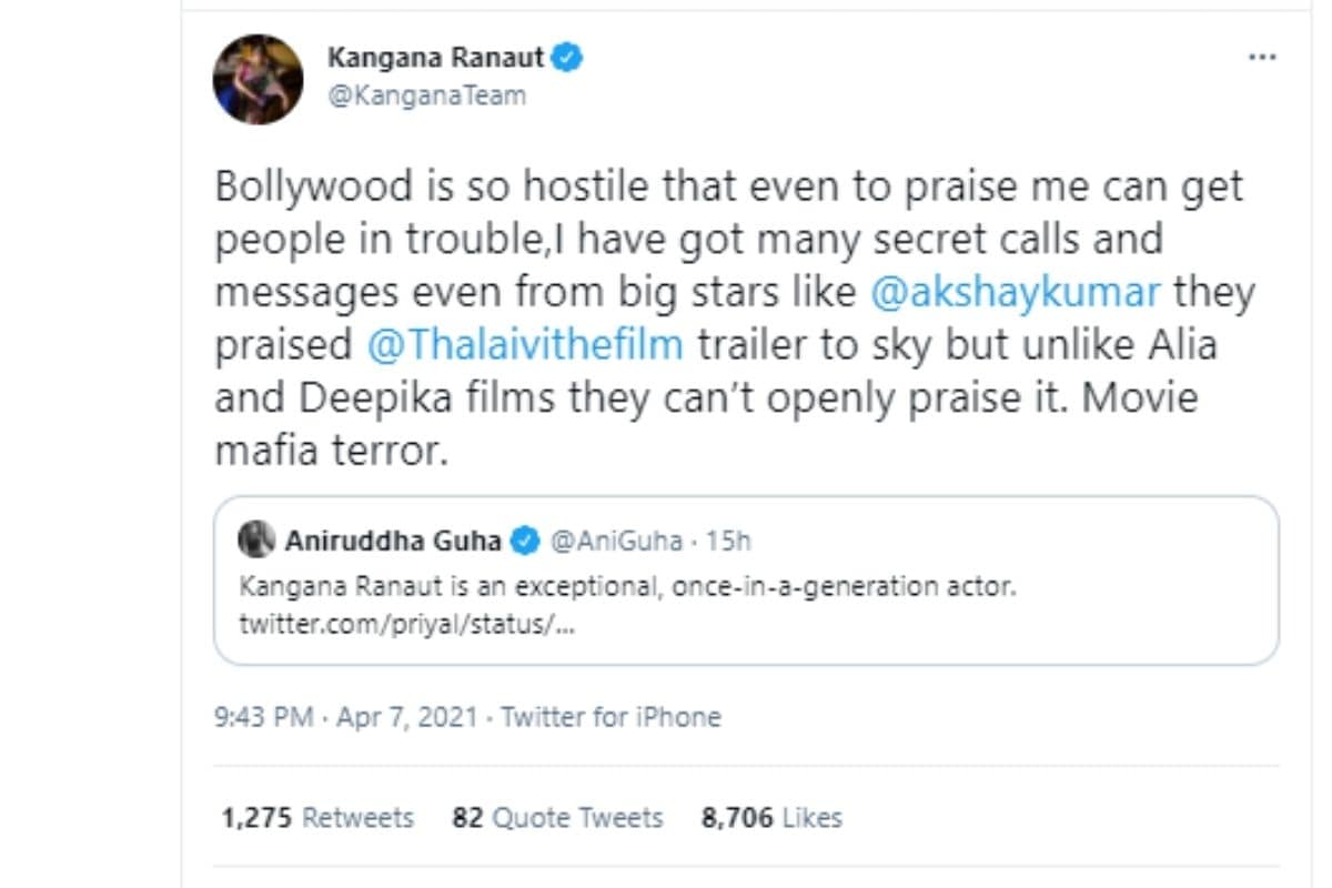 कंगना रनौत, मूवी माफिया के आतंक, अक्षय कुमार, Kangana Ranaut, movie mafia terror,Thalaivi, Kangana Ranaut tweet on movie mafia terror, Kangana Ranaut says she got secret calls from Akshay Kumar and others, Akshay Kumar