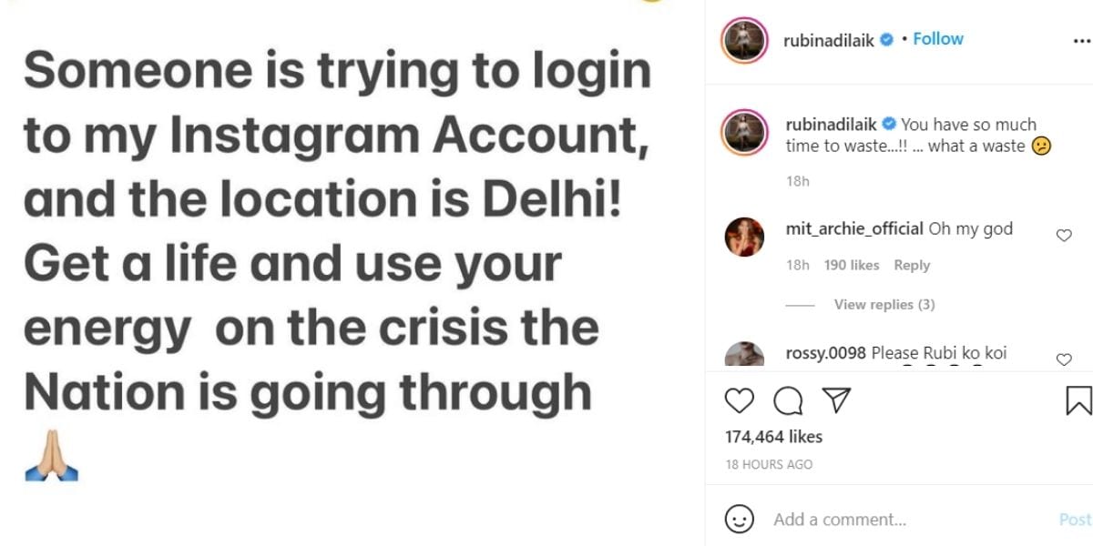 rubina dilaik, rubina dilaik insta account