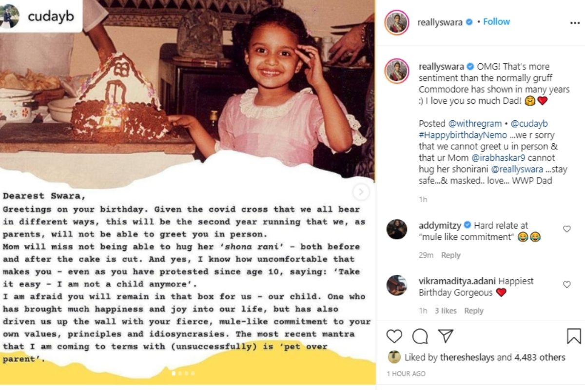 स्वरा भास्कर, स्वरा भास्कर का बर्थडे, Swara Bhaskar, Happy Birthday Swara Bhaskar, Swara Bhaskar cried, Swara Bhaskar Birthday, Swara Bhaskar father sends letter, Social Media, Viral video