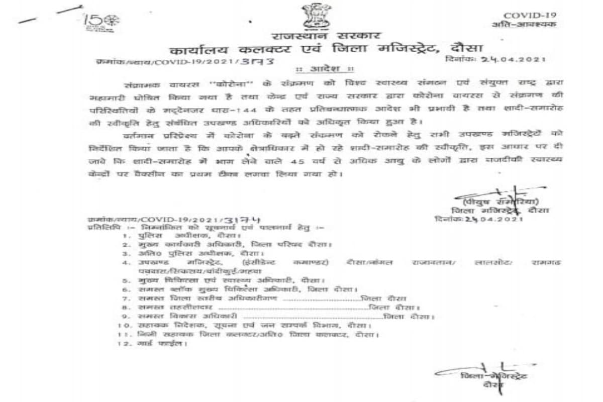 दौसा कलक्टर का अनूठा फरमान, 45+ वाले वैक्सीनेशन करवाकर ही शादी में शामिल हों, अन्यथा... Rajasthan News- Dausa News- Collector's unique decree- People over 45 years of age cannot attend marriage without vaccination