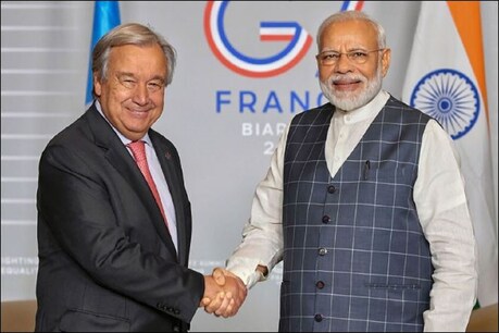 संयुक्त राष्ट्र महासचिव एंटोनियो गुटेरेस और भारतीय पीएम नरेंद्र मोदी (PTI)