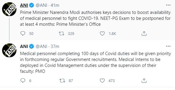 कोरोना पर पीएम मोदी की बड़ी बैठक, नीट-पीजी परीक्षा 4 महीने टली, 100 दिन कोविड ड्यूटी वालों को नौकरी में प्राथमिकता 1 कोरोना पर पीएम मोदी की बड़ी बैठक, नीट-पीजी परीक्षा 4 महीने टली, 100 दिन कोविड ड्यूटी वालों को नौकरी में प्राथमिकता
