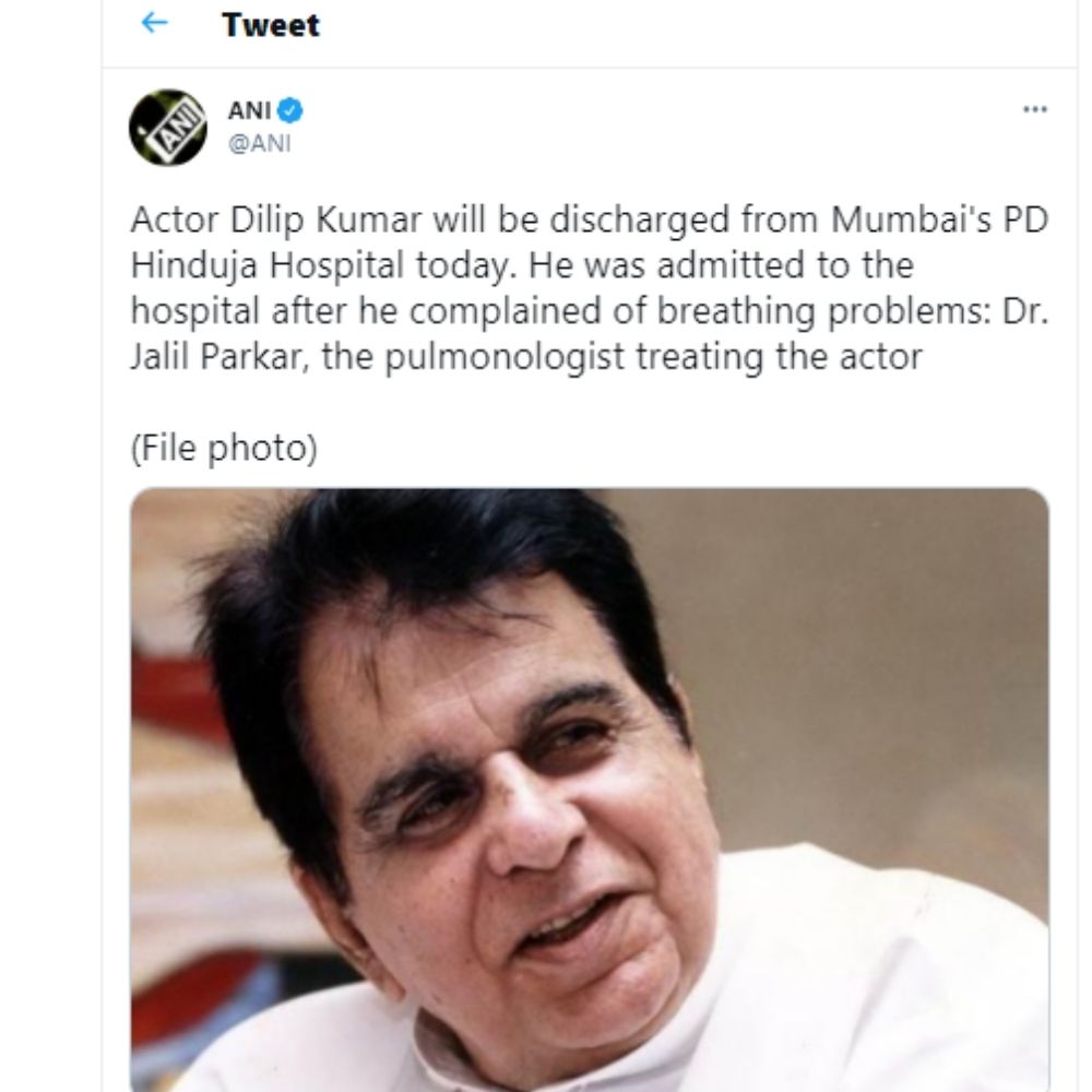  Dilip Kumar, Dilip Kumar discharged from hinduja, hinduja hospital