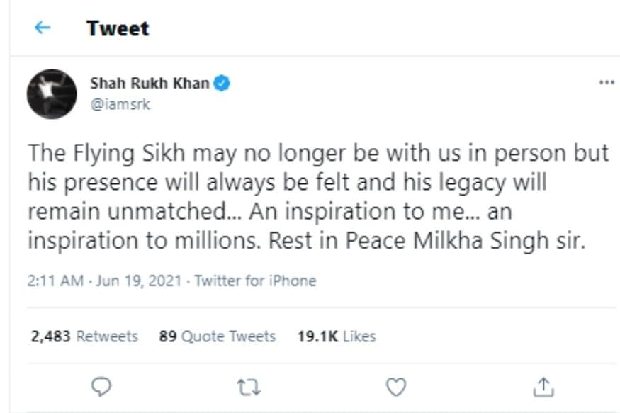  मिल्खा सिंह की मौत, मिल्खा सिंह, बॉलीवुड हस्तियों ने मिल्खा सिंह की मौत पर शोक व्यक्त किया, सोशल मीडिया, शाहरुख खान