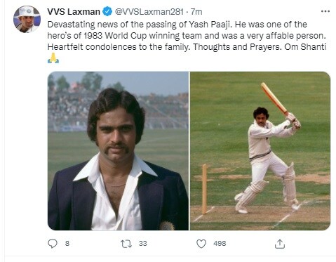  वीवीएस लक्ष्‍मण ने लिखा कि यश पाजी 1983 वर्ल्‍ड कप जीतने वाली टीम के हीरो में से एक थे.