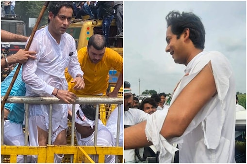 यूथ कांग्रेस के प्रदर्शन में दिग्विजय सिंह के बेटे जयवर्धन का फटा कुर्ता और पाजामा.
