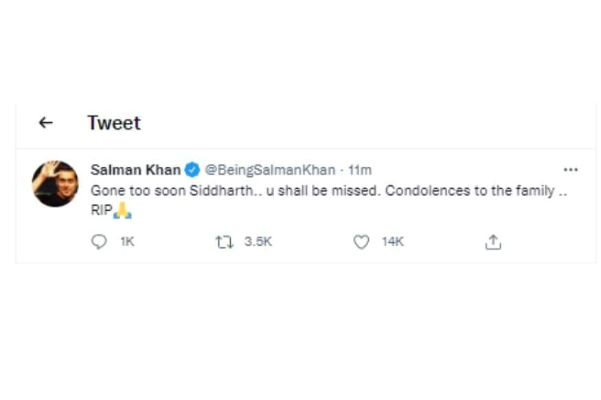 Salman Khan tweet after Sidharth Shukla death says Gone too soon You shall  be missed ss | सिद्धार्थ शुक्ला के निधन पर सलमान खान ने किया ट्वीट बोले -  DSK