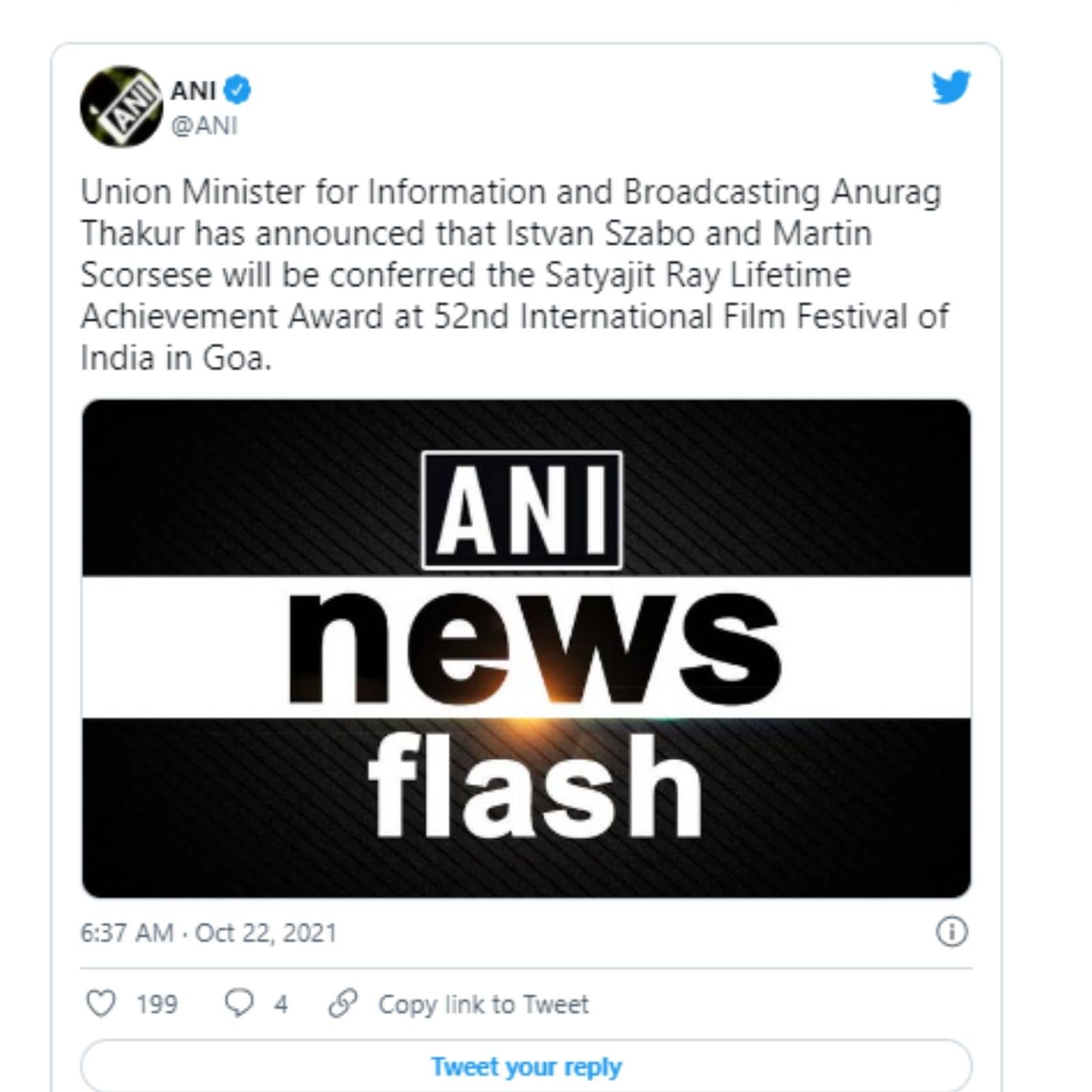 IFFI 2021, भारत का 52 वां अंतर्राष्ट्रीय फिल्म महोत्सव, गोवा में भारत का अंतर्राष्ट्रीय फिल्म महोत्सव सत्यजीत रे लाइफटाइम अचीवमेंट, अनुराग ठाकुर, इस्तवान स्ज़ाबो, मार्टिन स्कॉर्सेसी, भारत का अंतर्राष्ट्रीय फिल्म महोत्सव, 52 वां अंतर्राष्ट्रीय फिल्म महोत्सव 