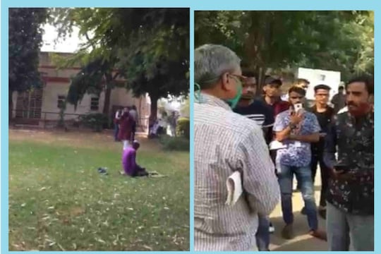 राजस्थान कॉलेज के लॉन में नमाज पढ़ने पर आपत्ति करने पर स्टाफ से बहस करते छात्र.  