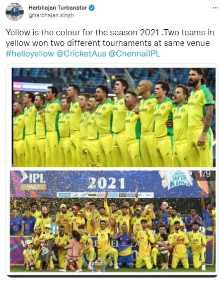  हरभजन ने इसी बात पर हर किसी का ध्‍यान खींचाा. उन्‍होंने ट्वीट करके कहा कि सीजन 2021 के लिए पीला रंग है. पीले रंग की जर्सी वाली 2 टीमों ने एक ही स्‍थान पर दो अलग अलग टूर्नामेंट जीते.