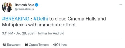 Delhi Cinema halls and Multiplexes shut down, COVID-19 cases in Delhi, cinemas Schools gyms shut in Delhi, rising Covid cases in Delhi, RRR, Jersey, 83, दिल्ली में थियेटर हुए बंद, दिल्ली में जिम स्पा हुआ बंद, Delhi Cinema halls shut down, Box Office Collection