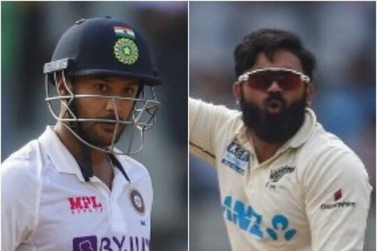 India vs New Zealand: एजाज पटेल ने मुंबई टेस्ट में एक पारी में 10 विकेट लेकर इतिहास रचा. लेकिन वे मयंक अग्रवाल (बाएं) को शतक बनाने से नहीं रोक सके. (AFP)