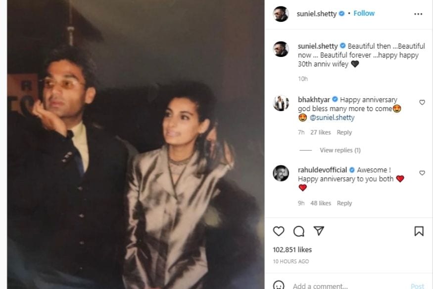 Suniel Shetty, Suniel Shetty Shares throwback photo with wife Mana, Mana Shetty, Suniel Shetty-Mana Shetty 30th weeding anniversary, Social Media, सुनील शेट्टी , माना शेट्टी