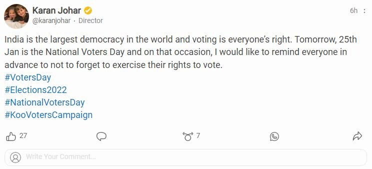 Karan Johar talks about Voting rights, Karan Johar spreading awareness about Voting rights, National Voters Day 25 January, Karan Johar urges citizen before National Voters Day, करण जौहर वोटिंग राइट्स, करण जौहर राष्ट्रीय मतदाता दिवस