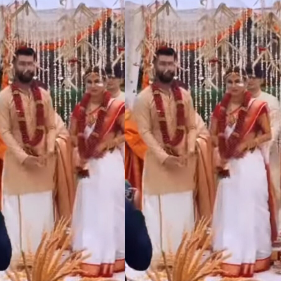  मौनी रॉय और सूरज की ये साउथ इंडियन वेडिंग है. क्योंकि सूरज साउथ इंडियन हैं, इसलिए उनके कल्चर का सम्मान करते शादी मलयाली रस्मों रिवाज से हुई. फोटो साभार-वीडियो ग्रैब