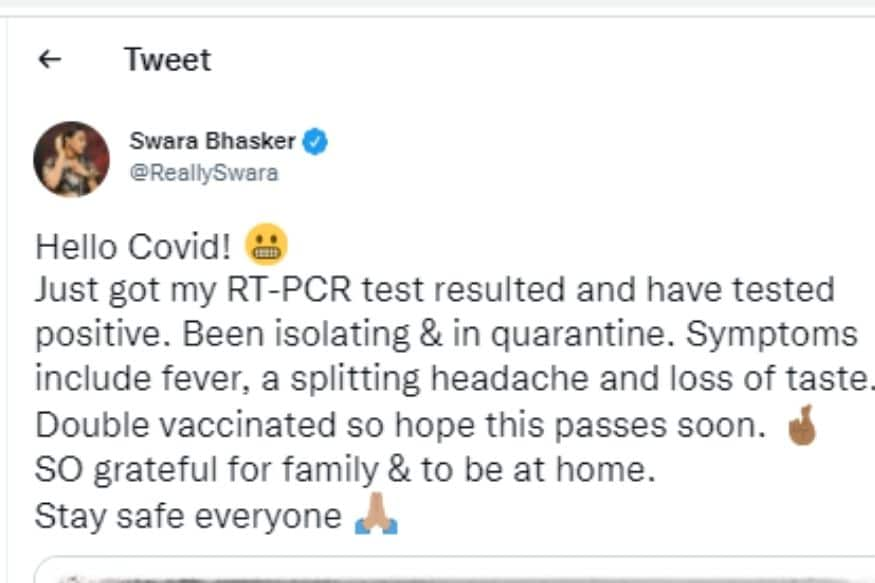 Swara Bhaskar, Swara Bhaskar News, Swara Bhaskar tested covid 19 positive, Swara Bhaskar tweet, Swara Bhaskar twitter, Swara Bhaskar Films, Swara Bhaskar in isolation, स्वरा भास्कर , स्वरा भास्कर का ट्वीट, स्वरा भास्कर को हुआ कोविड 19