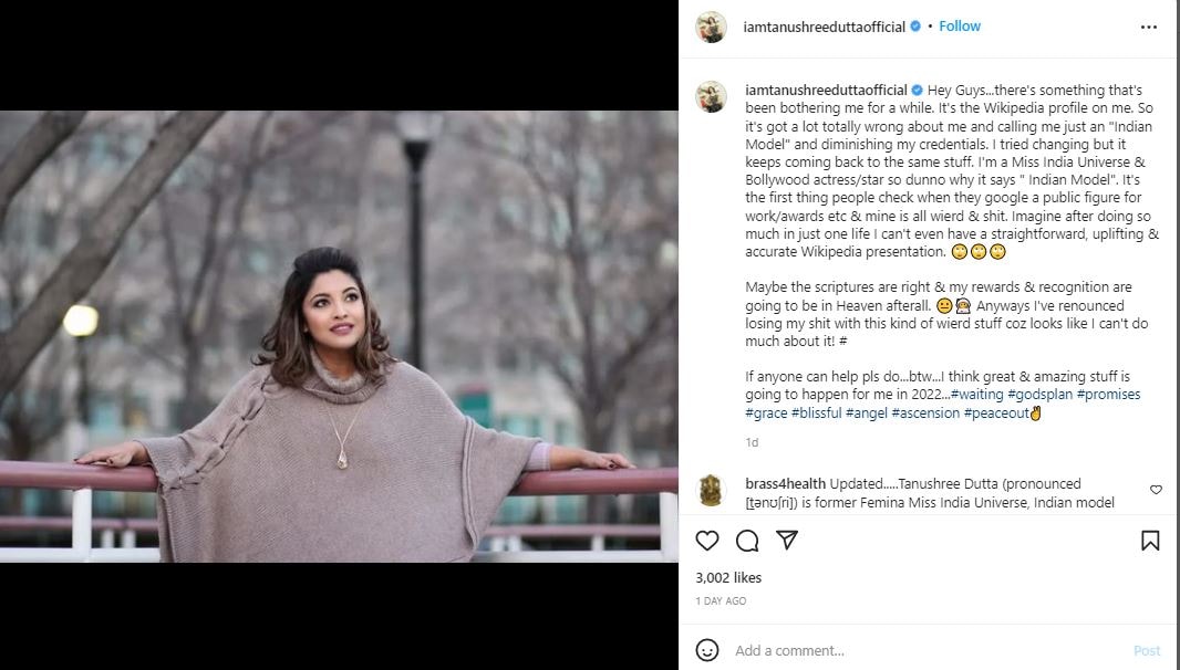 Tanushree dutta writes on instagram about her wikipedia page