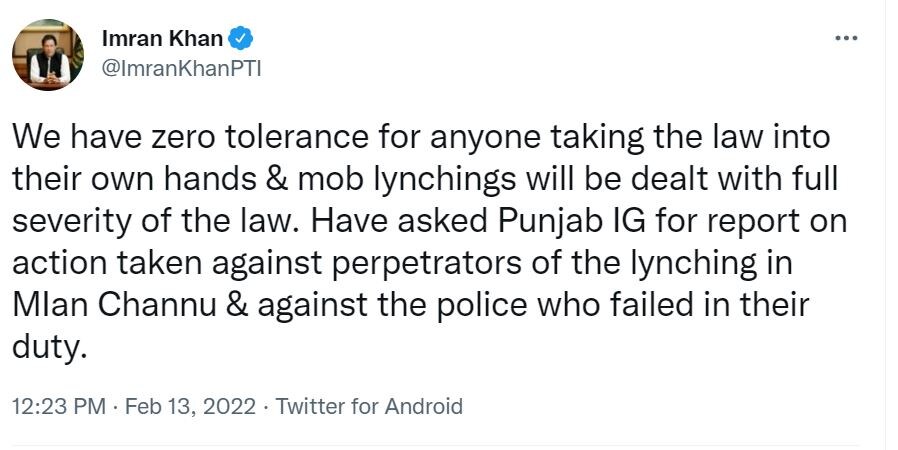 Pakistan PM Imran Khan's tweet (Image- Twitter)