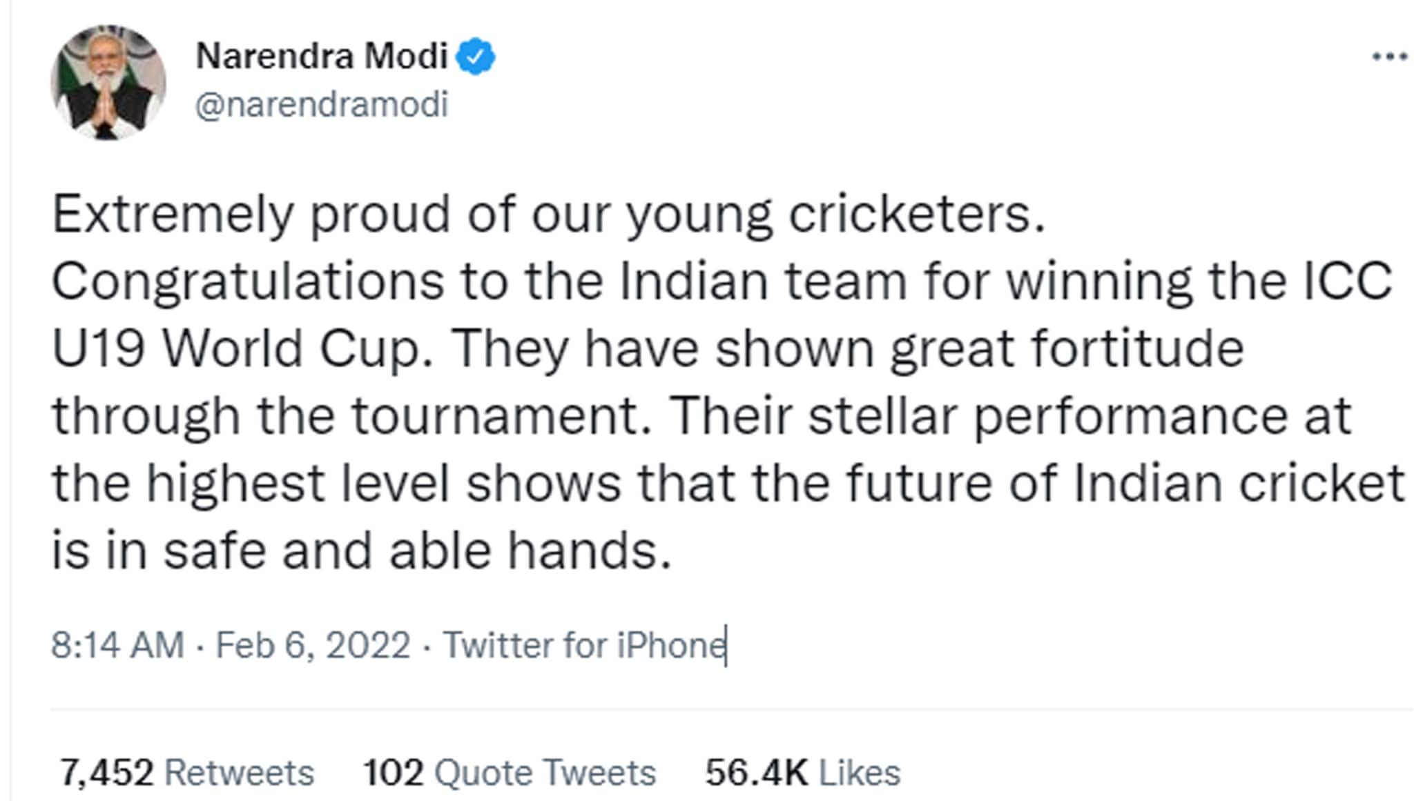 PM Modi on under 19 world cup win