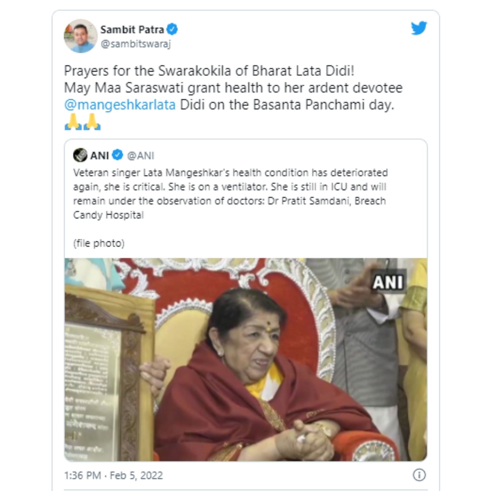Lata Mangeshkar, Lata Mangeshkar health, Lata Mangeshkar again shifted on ventilator Lata Mangeshka condition critical, Lata Mangeshkar Tweet, Social Media, Viral Tweet, Fans tweet for Lata Mangeshkar health